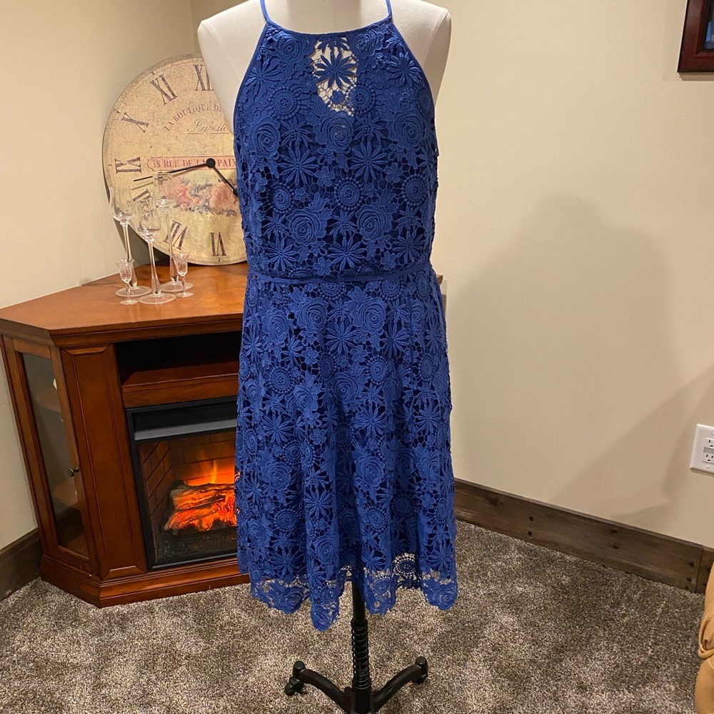 Royal Blue Halter Knee-Length Lace Sundress